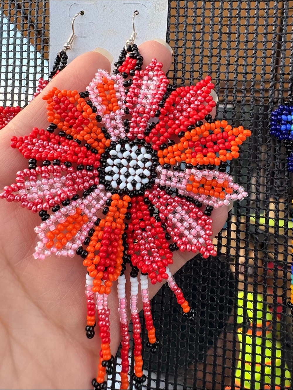 Handmade Beaded Floral Statement Earrings - Red & Pink